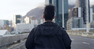 Buy stock photo Back, fitness and woman in city, morning and urban town with wellness, start day and exercise. Outdoor, person and runner with training, healthy routine or workout with cardio or practice in New York