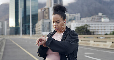 Buy stock photo Plus size woman, smart watch and city with fitness, heart rate and timer app for exercise on bridge. Person, runner and check stats with stopwatch, training and routine for weight loss in Costa Rica