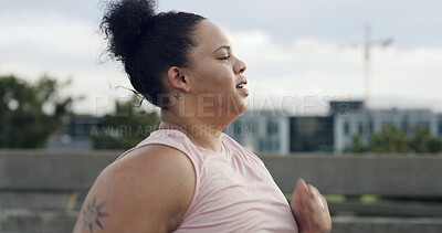 Buy stock photo Fitness, morning or woman running on bridge, commitment or physical exercise for weight loss. Cardio, wellness practice or person training at highway, hard work or resilience for well being journey