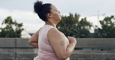 Buy stock photo Profile, running and woman in city, training and exercise with urban town, cardio and wellness. Lose weight, healthy person and runner in street, morning routine and practice with fitness and workout