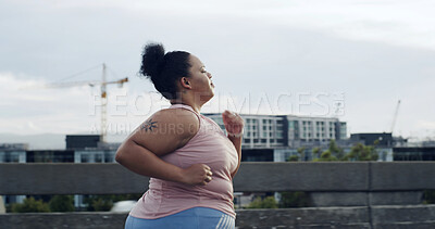 Buy stock photo Profile, running and woman with fitness, outdoor and training with urban town, workout and wellness. Challenge, healthy person and runner in street, endurance and weightloss with exercise and cardio