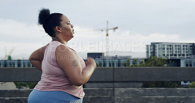 Buy stock photo Exercise, running and woman in city, fitness and training with urban town, cardio and wellness. Lose weight, healthy person or runner in street, morning routine and practice with challenge or workout