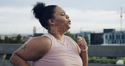 Buy stock photo Fitness, running and woman in city, breathing and training with urban town, cardio and challenge. Wellness, person and runner in street, health and practice with exercise, endurance and lose weight