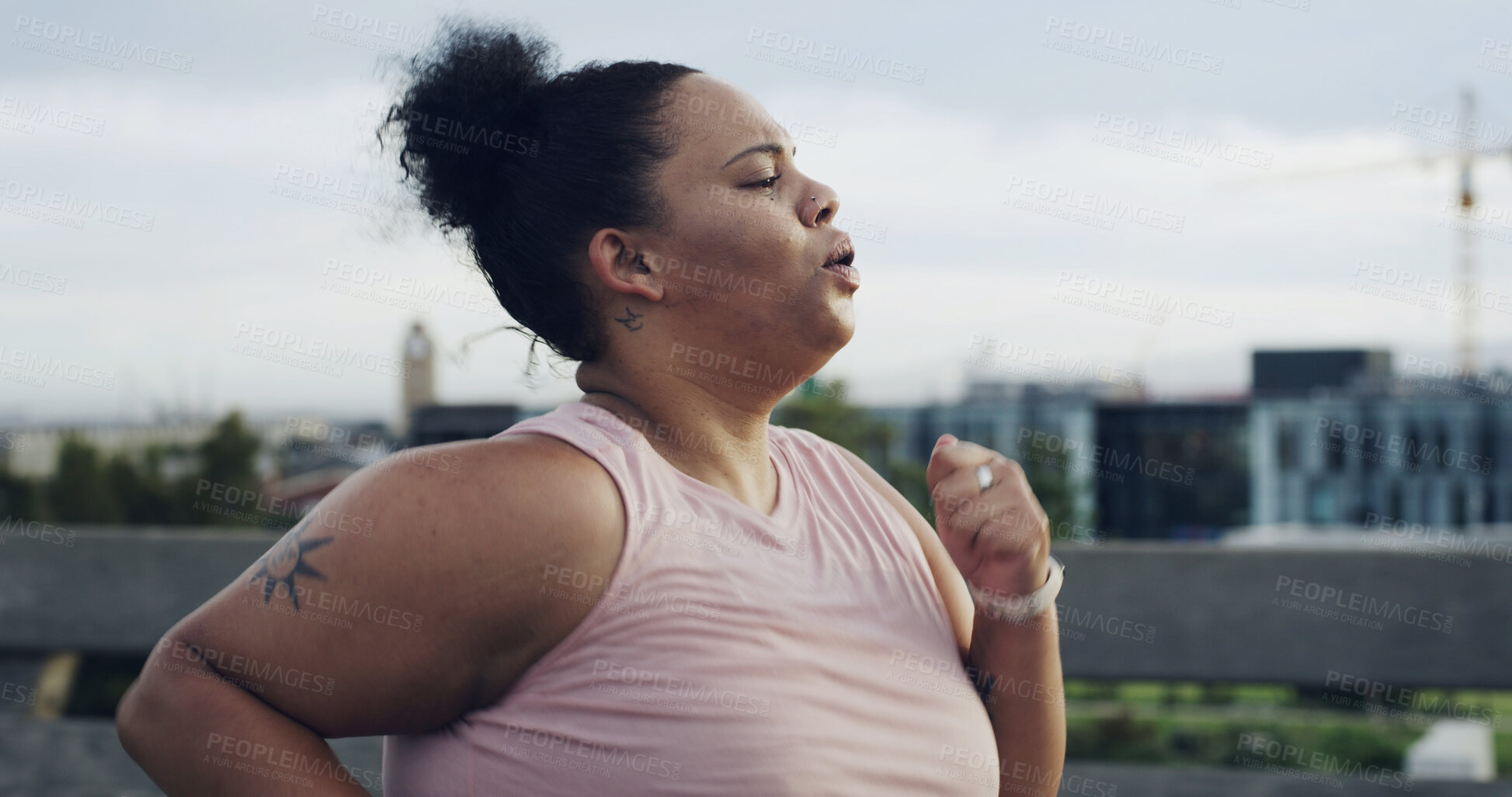 Buy stock photo Fitness, running and woman in city, breathing and training with urban town, cardio and challenge. Wellness, person and runner in street, health and practice with exercise, endurance and lose weight