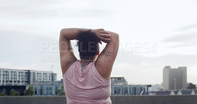 Buy stock photo Back, stretching and woman in city with space, workout and exercise for physical wellbeing. Warm up, outdoor and female person with commitment for training goal, fitness target and healthy body. 