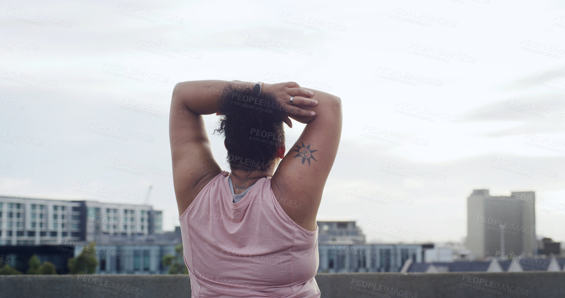 Buy stock photo Back, stretching and woman in city with space, workout and exercise for physical wellbeing. Warm up, outdoor and female person with commitment for training goal, fitness target and healthy body. 