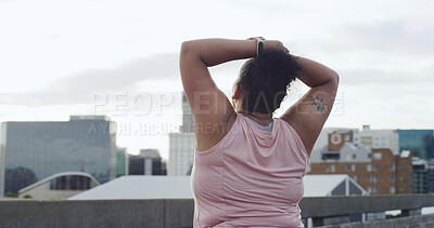 Buy stock photo Workout, tired and back of plus size woman in city for fitness break, health and runner fatigue. Exhausted, weight loss and space with person outdoor for resting, exercise stop and cardio challenge