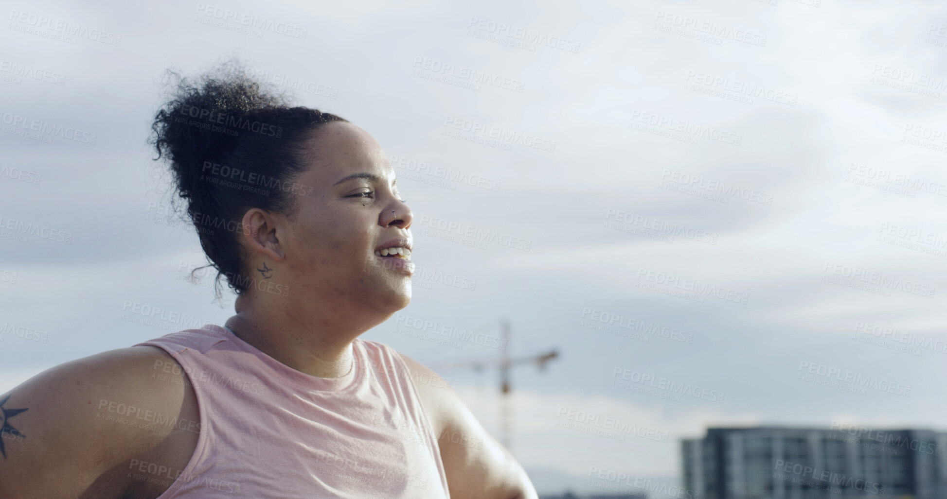 Buy stock photo Breathing, fitness or woman in city with space, exercise or workout break for physical wellbeing. Sweating, rest or female person with training goal, target or muscle development for healthy body.