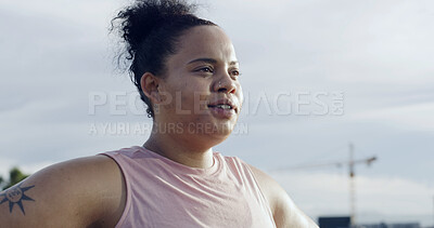 Buy stock photo Running, fitness and thinking with plus size woman in city for workout, cardio reflection and health. Weight loss, exercise and vision with female runner or person for training, sports and space