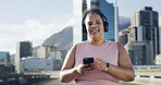 Thinking, fitness and woman with headphones in city to listen to music, audio and workout playlist. Town, runner and person on smartphone rest outdoor for health app, exercise or radio for training