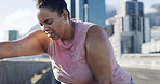 Fitness, woman and tired runner in city for health, wellness and break for workout recovery. Fatigue, sports and person rest outdoor, sweating and exhausted from cardio challenge to lose weight