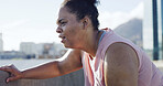 Break, tired woman and runner in city for fitness, wellness and workout recovery for health. Fatigue, sports and person rest outdoor, breathing and exhausted from cardio challenge to lose weight