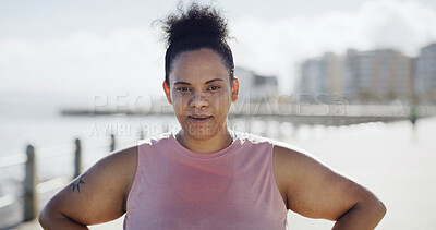 Buy stock photo Plus size woman, portrait and exercise in city with pride, break and sweat for weight loss in street. Person, outdoor and confident in town with fitness, training routine and wellness in Brazil