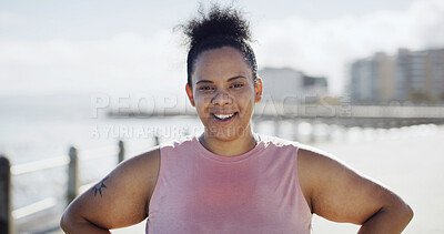 Buy stock photo Plus size woman, smile and exercise in city for portrait, break and sweat for weight loss in street. Person, outdoor and fatigue in town with fitness, training routine and wellness in Costa Rica