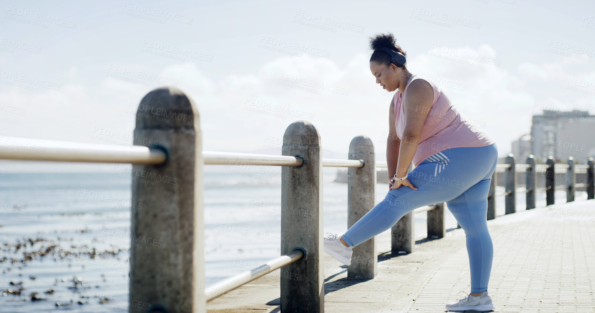 Buy stock photo Woman, stretching and exercise at beach with start of workout, training or weightloss routine outdoor. Plus size person, warm up or prepare leg muscle for fitness, cardio health and sport in nature