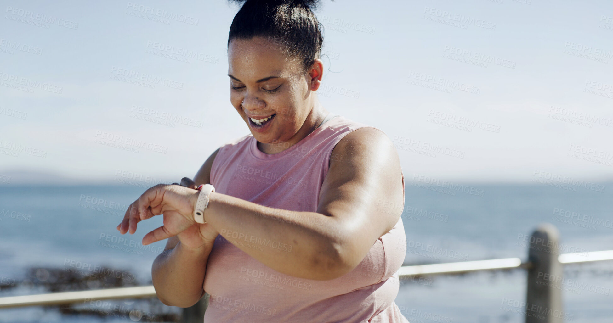 Buy stock photo Woman, smart watch and fitness at beach for health, lose weight and monitor progress for cardio wellbeing. Training workout, plus size runner outdoor and tech for exercise stats, wellness and space