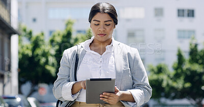 Buy stock photo Tablet, business and woman with tech, in city planning and email writing for online communication. Internet, typing and schedule with app scroll in digital, web or collaboration for virtual meeting.