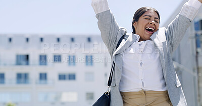 Buy stock photo Happy woman, winning and celebration with business success in city for good news or achievement. Excited, female person or employee with smile for promotion, bonus or accomplishment in an urban town