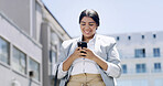 Business, text and woman in city with phone, update or email in deal announcement. Smile, corporate or urban consultant with mobile app for notification, good news or progress in online communication