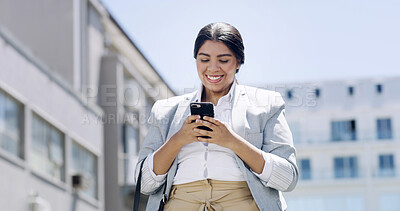 Buy stock photo Business, text and woman in city with phone, update or email in deal announcement. Smile, corporate or urban consultant with mobile app for notification, good news or progress in online communication