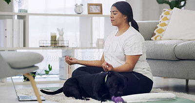 Buy stock photo Woman, meditation and lotus in living room with dog for yoga, mindfulness and laptop in home. Peace, yogi for mental health or awareness for self care with online wellness video for breathing and pet