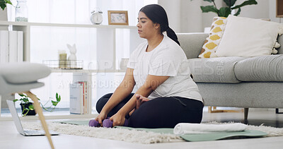 Buy stock photo Laptop, dumbbells and fitness with plus size woman in home for online class, virtual workout and health. Weight loss, streaming exercise routine and wellness with person in living room of house