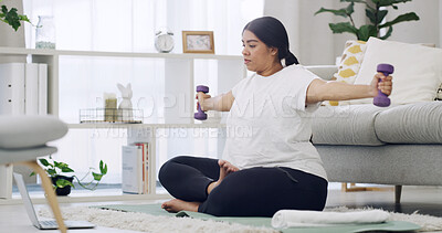 Buy stock photo Laptop, dumbbells and workout with plus size woman in home for online class, virtual fitness and health. Weight loss, streaming exercise routine and wellness with person in living room of house