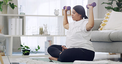 Buy stock photo Woman, dumbbells and laptop in lounge for exercise, online tutorial or wellness video for muscle. Strength, fitness person and tech for weightlifting routine with virtual physical training in home