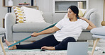 Laptop, resistance band and fitness with plus size woman in home for online class, virtual workout and health. Weight loss, streaming exercise routine and wellness with person in living room of house