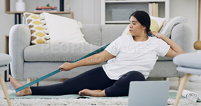 Buy stock photo Laptop, resistance band and fitness with plus size woman in home for online class, virtual workout and health. Weight loss, streaming exercise routine and wellness with person in living room of house