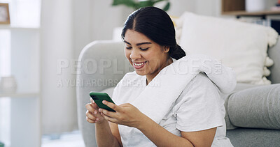 Buy stock photo Happy woman, plus size and typing with phone in home for social media, online app or chatting. Female person, user or smile with mobile smartphone for texting, research or weight loss course in house