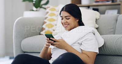 Buy stock photo Fitness, phone and smile with plus size woman in home for workout routine, weight loss tips and contact. Exercise break, online health course and search with person in living room of house for scroll