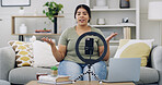Woman, ring light and talk for live stream on sofa for post on web with discussion, review or chat in home. Girl, influencer and happy with recording video, vlog and content creation on social media