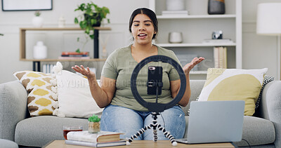 Buy stock photo Woman, ring light and talk for live stream on sofa for post on web with discussion, review or chat in home. Girl, influencer and happy with recording video, vlog and content creation on social media