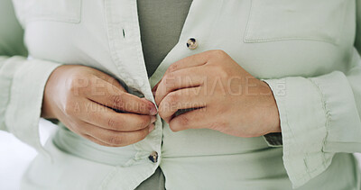 Buy stock photo Hands, button and fitting suit for style, plus size fashion and overweight with jacket with morning routine in home. Person, garment and decision for clothes, blazer and weight gain at apartment