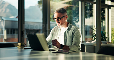 Buy stock photo Office, mature and business man on laptop for research, online report and budget planning. Professional, startup manager and person on computer for company review, proposal and project management