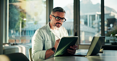 Buy stock photo Office, mature and business man on tablet for research, online report and budget planning. Professional, startup manager and person on laptop for company review, proposal and project management