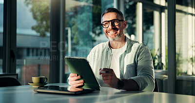 Buy stock photo Happy, daydreaming and man with tablet, office and reporter with project, creative and story on web. Newsroom, journalist and mature person with tech for magazine, online or planning for article
