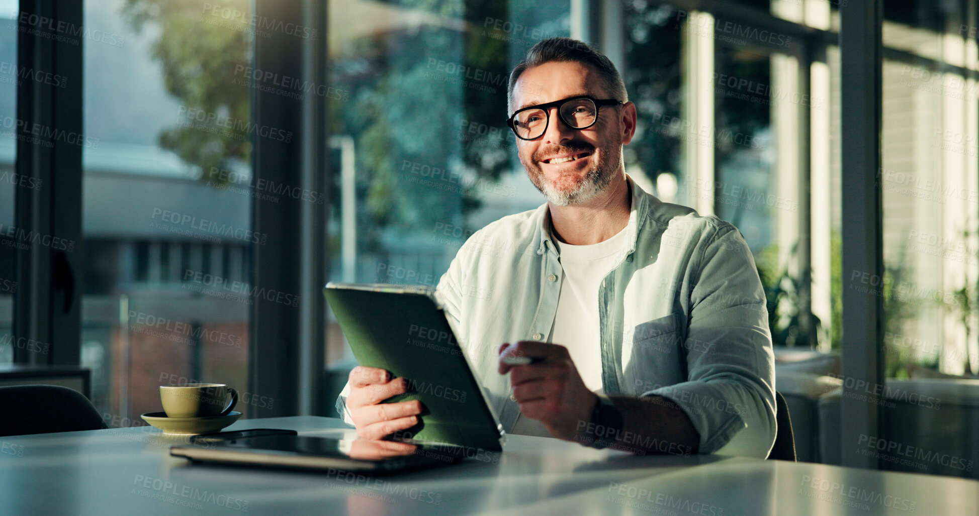 Buy stock photo Happy, daydreaming and man with tablet, office and reporter with project, creative and story on web. Newsroom, journalist and mature person with tech for magazine, online or planning for article