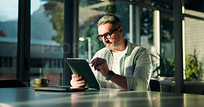 Buy stock photo Business, tablet and man in office, internet and brand manager with email, network and browsing. Mature person, creative agency and employee in coffee shop, tech and kpi project with connection