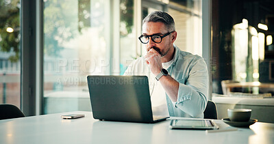 Buy stock photo Thinking, laptop and business man in office for project ideas, planning and problem solving. Professional, creative and worker with inspiration on computer for research report, proposal and strategy