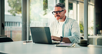 Buy stock photo Office, happy and business man on laptop for research, online report and budget planning. Professional, startup manager and mature person on computer for company review, proposal and project schedule