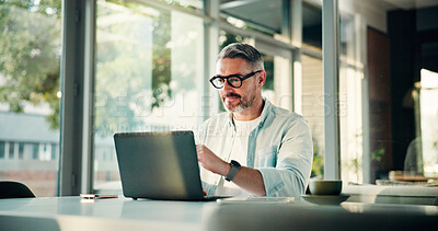 Buy stock photo Office, mature and businessman on laptop for research, online report and budget planning. Professional, startup manager and person on computer for company review, proposal and project management