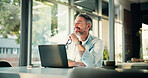 Thinking, happy and business man in office on laptop for project ideas, planning and solution. Professional, creative and worker with inspiration on computer for research report, proposal or strategy