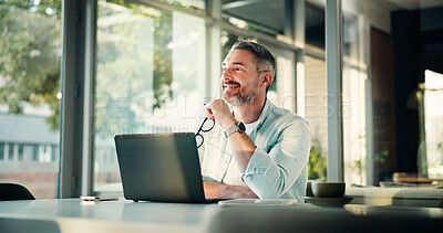 Buy stock photo Thinking, happy and business man in office on laptop for project ideas, planning and solution. Professional, creative and worker with inspiration on computer for research report, proposal or strategy