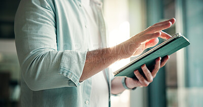 Buy stock photo Hands, office and businessman on tablet for finance review, online trading and investment news. Company, scroll and person on digital tech for financial report, budget planning and fintech website