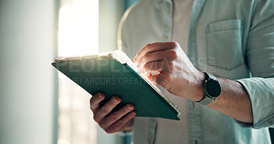 Buy stock photo Tablet, hands and businessman in office with research for creative project with communication online. Digital technology, professional and male editor with article or blog for publishing in workplace