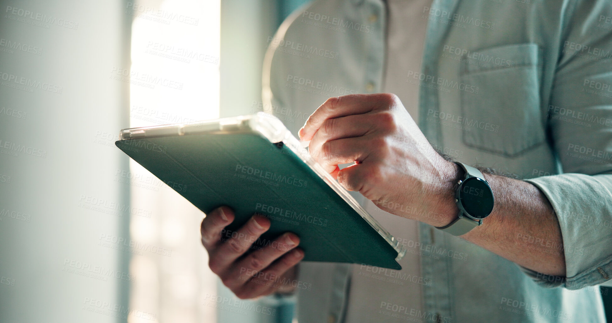 Buy stock photo Tablet, hands and businessman in office with research for creative project with communication online. Digital technology, professional and male editor with article or blog for publishing in workplace