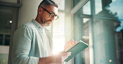 Buy stock photo Tablet, ideas or businessman in office with research for finance report with budget plan. Digital technology, professional or mature male financial manager with thinking, investment proposal or flare