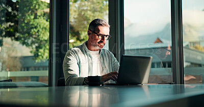 Buy stock photo Office, online and business man on laptop for research, website report and budget planning. Professional, startup manager and person on computer for company review, proposal and project management